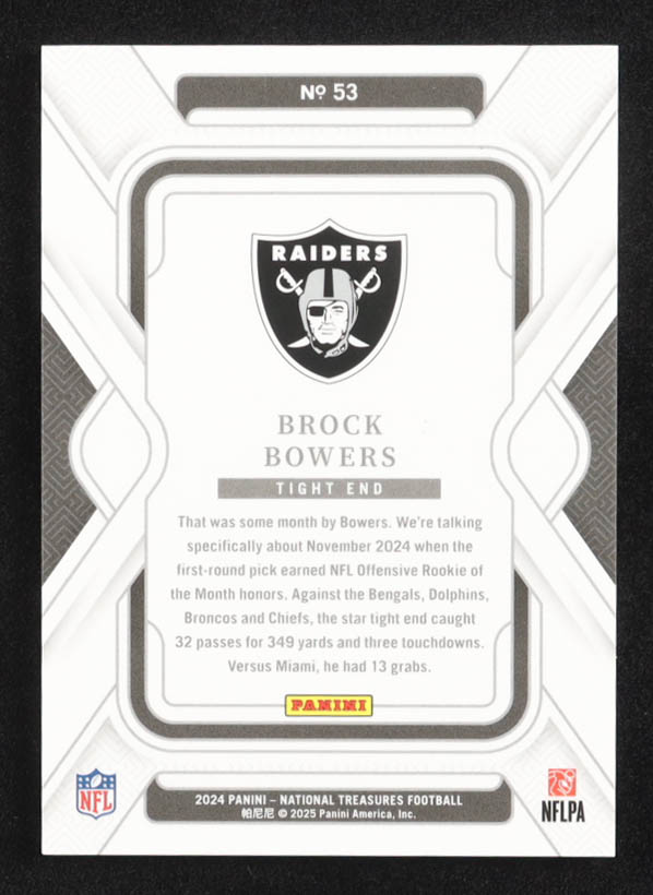 Brock Bowers 2024 Panini National Treasures Gold #53 #06/35 RC at PristineAuction.com Brock Bowers 2024 Panini National Treasures Gold #53 #06/35 RC at PristineAuction.com