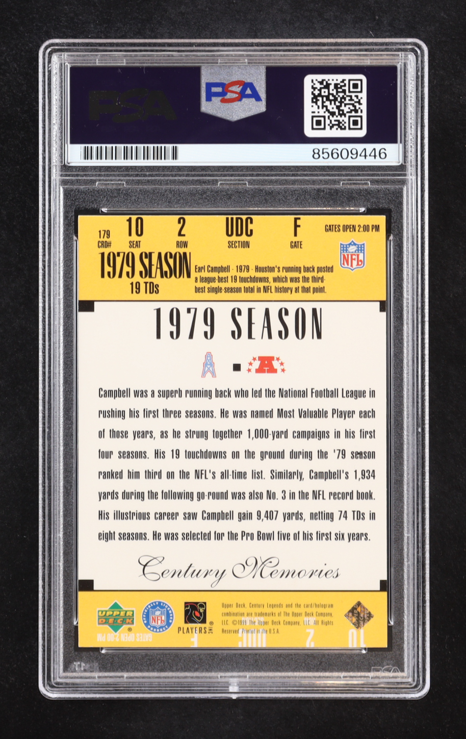 Earl Campbell Signed 1999 Upper Deck Century Memories #179 (PSA) at PristineAuction.com Earl Campbell Signed 1999 Upper Deck Century Memories #179 (PSA) at PristineAuction.com