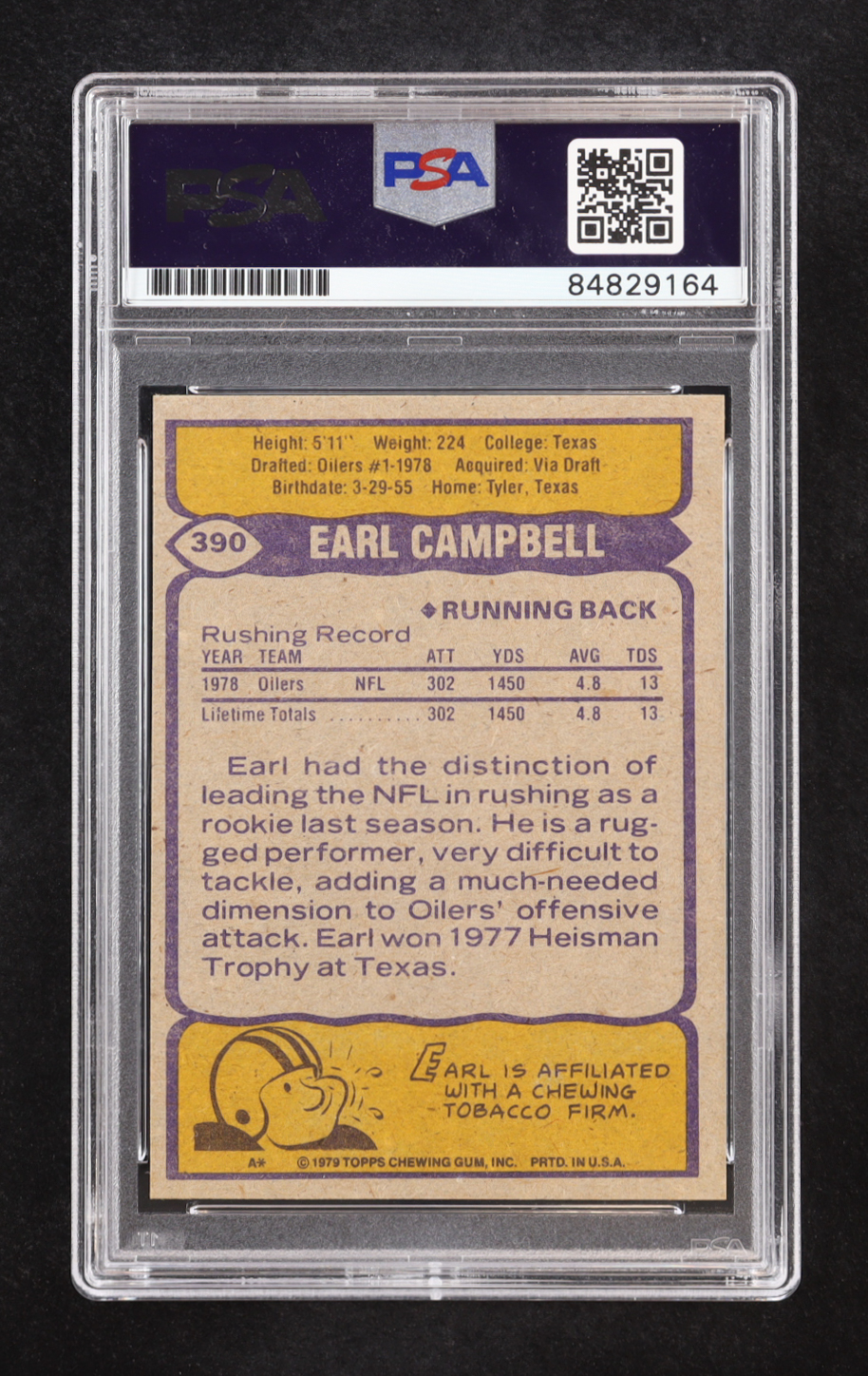 Earl Campbell Signed 1979 Topps #390 RC (PSA | Autograph Graded PSA 10) at PristineAuction.com Earl Campbell Signed 1979 Topps #390 RC (PSA | Autograph Graded PSA 10) at PristineAuction.com