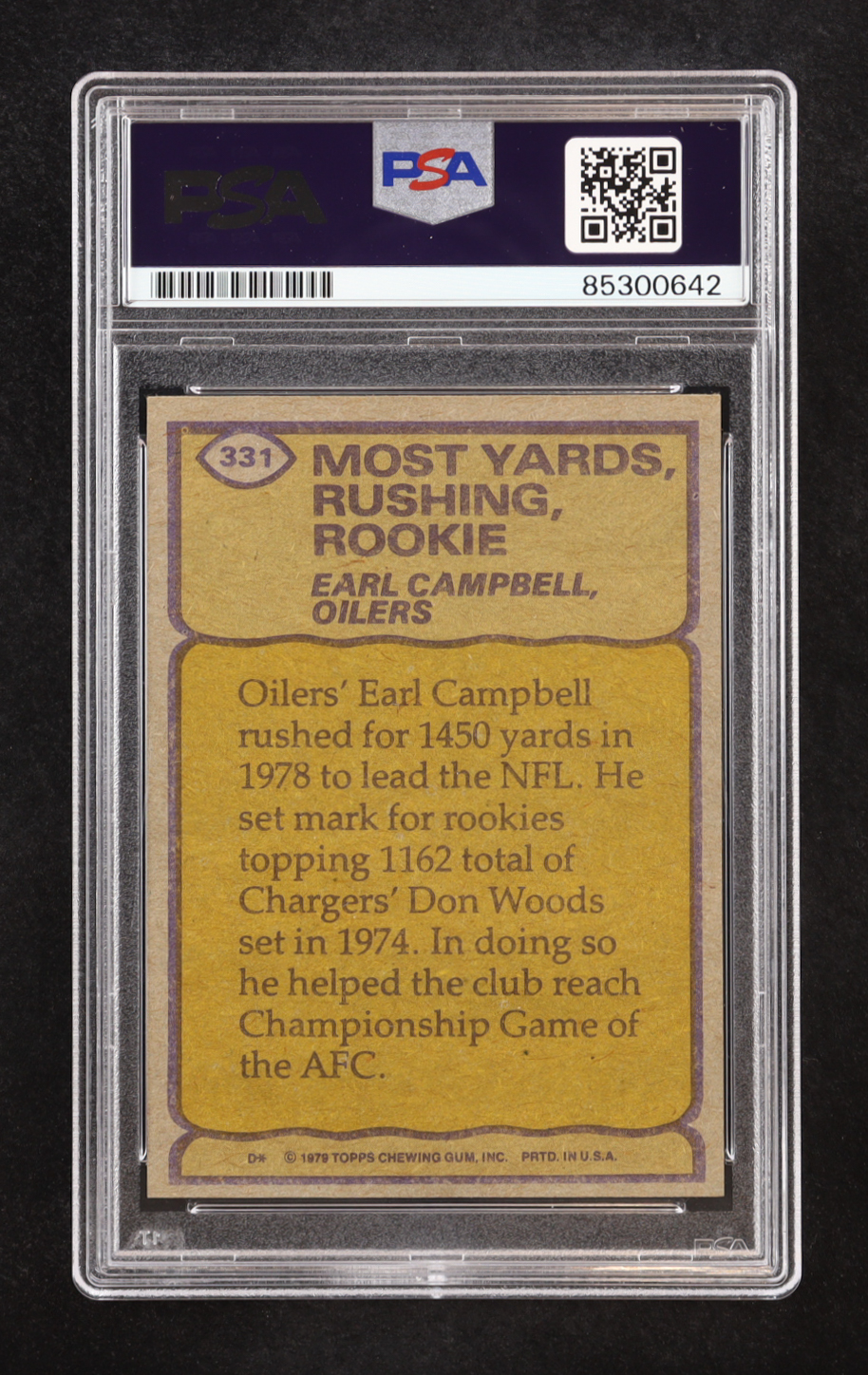 Earl Campbell Signed 1979 Topps Record Breaker Most Rushing Yards Rookie #331 RC (PSA) at PristineAuction.com Earl Campbell Signed 1979 Topps Record Breaker Most Rushing Yards Rookie #331 RC (PSA) at PristineAuction.com