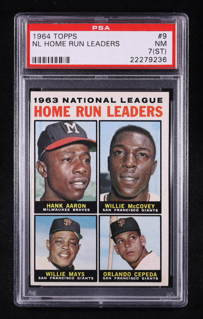 Hank Aaron / Willie McCovey / Willie Mays / Orlando Cepeda 1964 Topps #9 NL Home Run Leaders (PSA 7) (ST) at PristineAuction.com Hank Aaron / Willie McCovey / Willie Mays / Orlando Cepeda 1964 Topps #9 NL Home Run Leaders (PSA 7) (ST) at PristineAuction.com