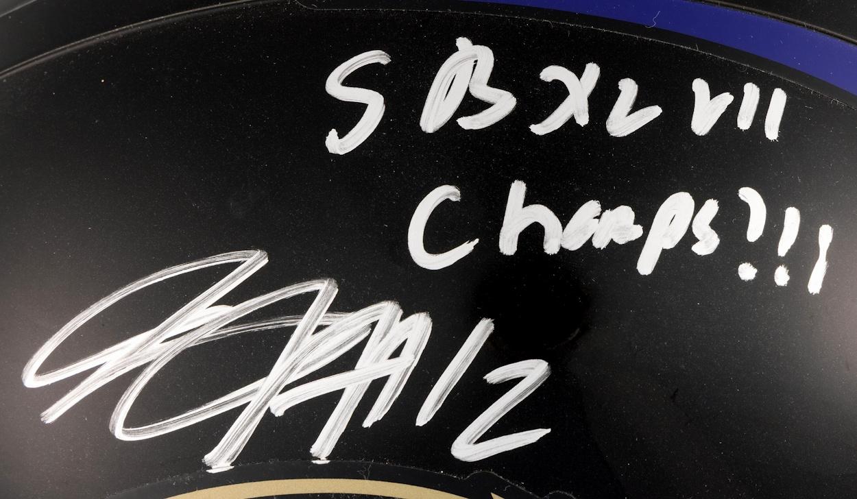 Jacoby Jones Signed Raven Full-Size Helmet Inscribed "Super Bowl XLVII Champs" (JSA) at PristineAuction.com Jacoby Jones Signed Raven Full-Size Helmet Inscribed "Super Bowl XLVII Champs" (JSA) at PristineAuction.com