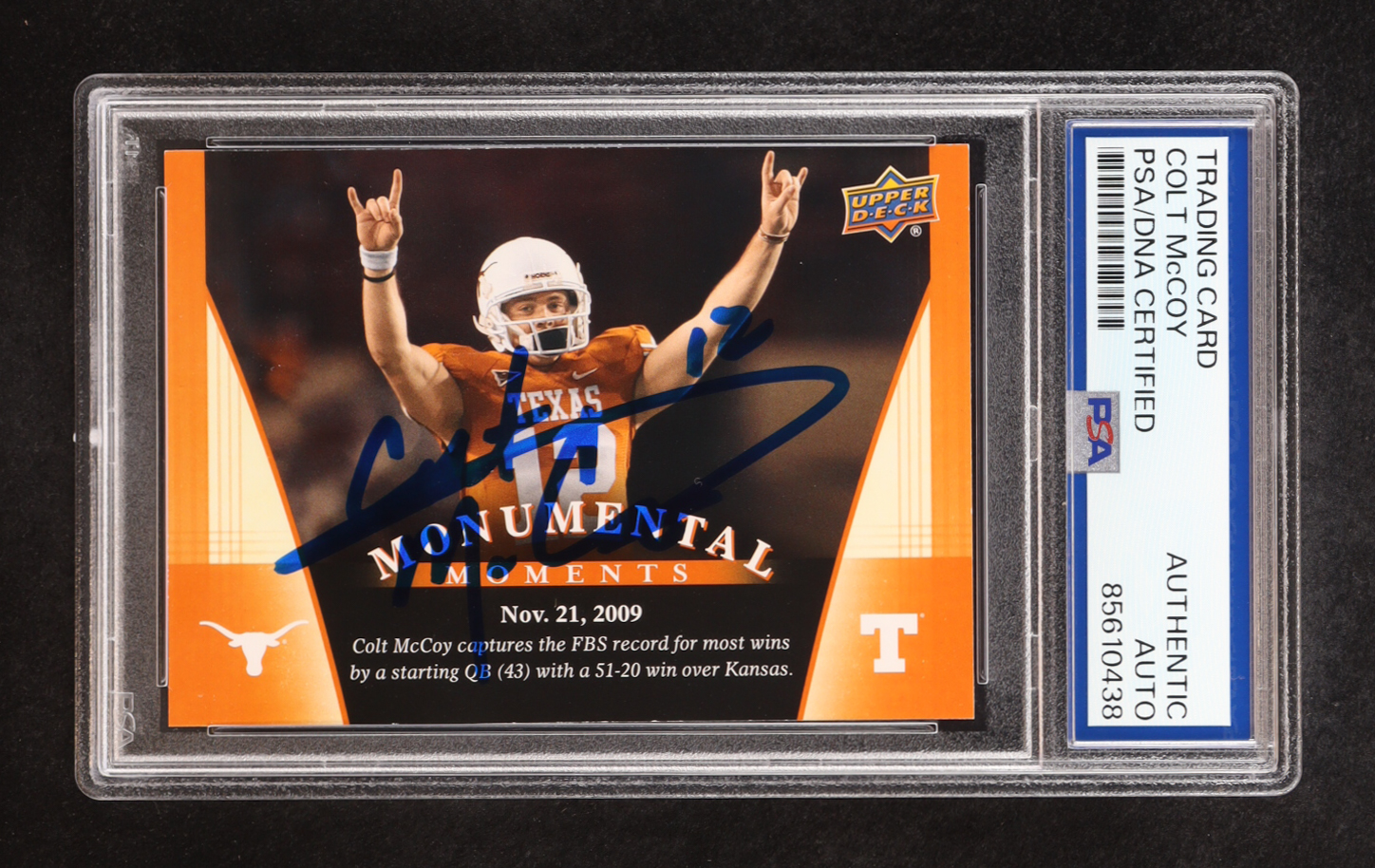 Colt McCoy Signed 2011 Upper Deck Monumental Moments #97 (PSA) at PristineAuction.com Colt McCoy Signed 2011 Upper Deck Monumental Moments #97 (PSA) at PristineAuction.com