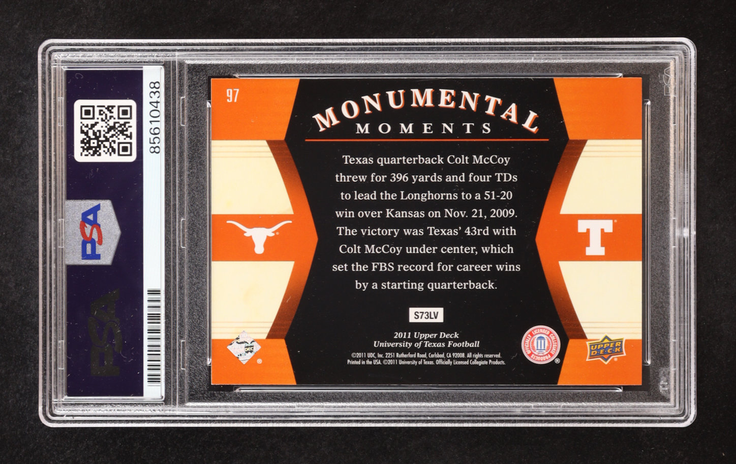 Colt McCoy Signed 2011 Upper Deck Monumental Moments #97 (PSA) at PristineAuction.com Colt McCoy Signed 2011 Upper Deck Monumental Moments #97 (PSA) at PristineAuction.com
