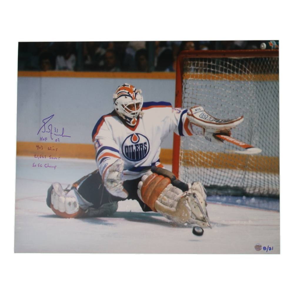 Grant Fuhr Signed Oilers LE 16x20 Photo with (4) Career Stat Inscriptions (AWM) at PristineAuction.com