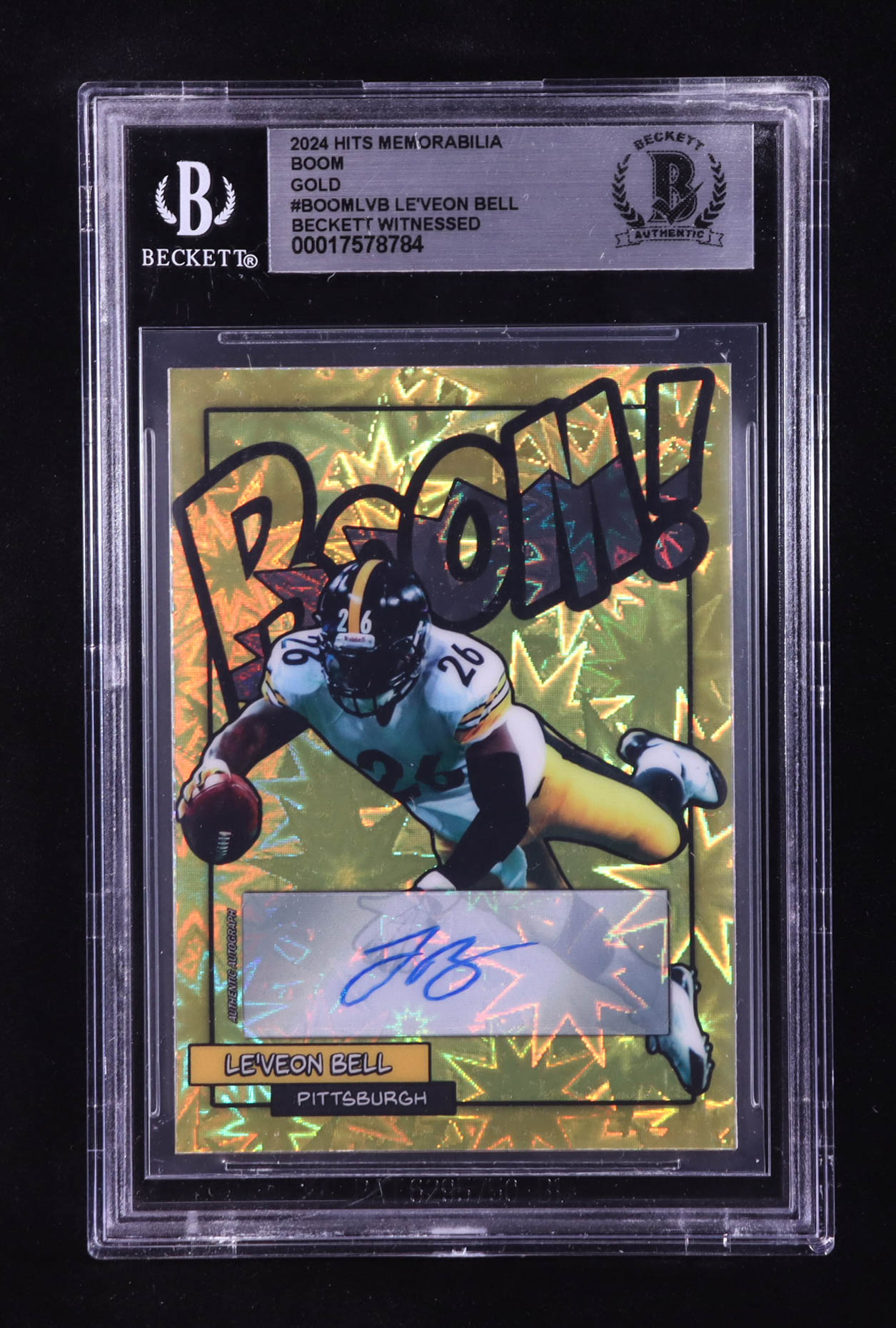 Le'Veon Bell Signed 2024 Hits Memorabilia Boom Gold #BOOMLVB #08/10 (BGS) at PristineAuction.com Le'Veon Bell Signed 2024 Hits Memorabilia Boom Gold #BOOMLVB #08/10 (BGS) at PristineAuction.com