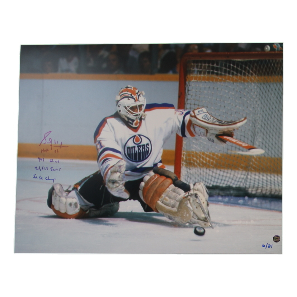 Grant Fuhr Signed Oilers LE 16x20 Photo with (4) Career Stat Inscriptions (AWM) at PristineAuction.com