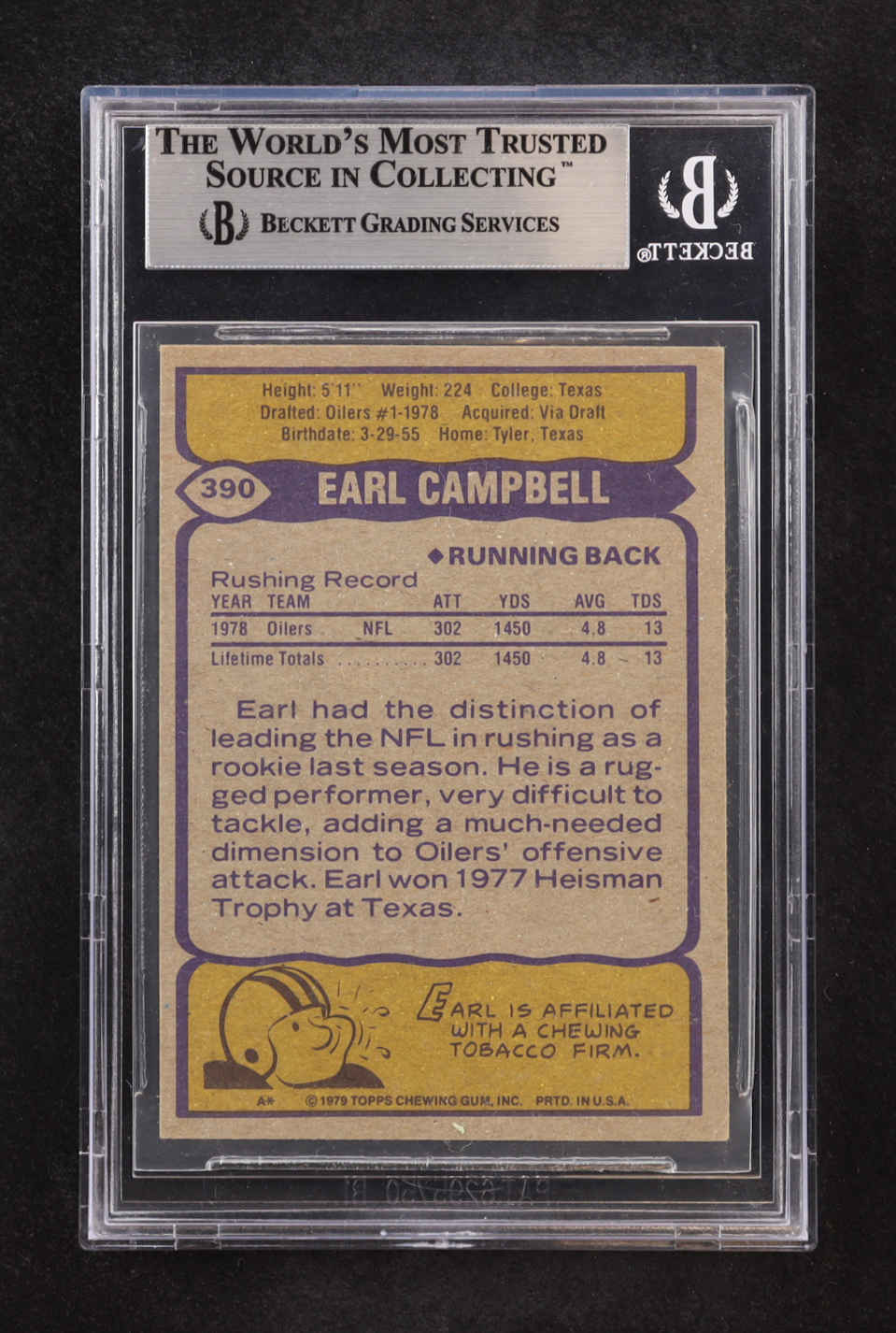 Earl Campbell Signed 1979 Topps #390 RC (BGS) at PristineAuction.com Earl Campbell Signed 1979 Topps #390 RC (BGS) at PristineAuction.com