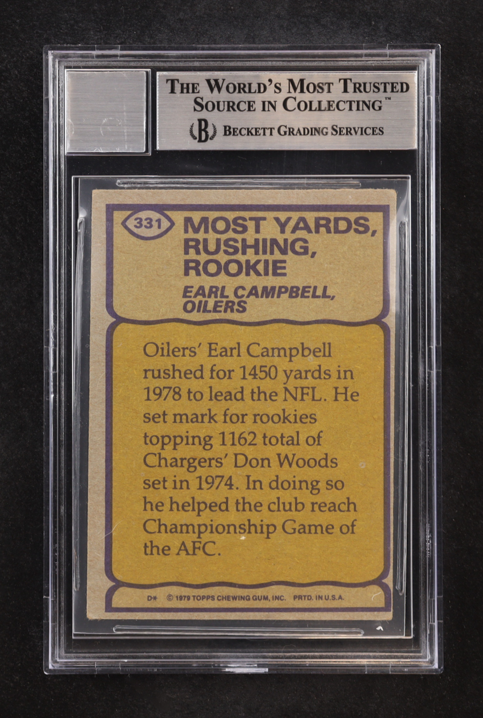 Earl Campbell Signed 1979 Topps Record Breaker Most Rushing Yards Rookie #331 RC (BGS | Autograph Graded BGS 10) at PristineAuction.com Earl Campbell Signed 1979 Topps Record Breaker Most Rushing Yards Rookie #331 RC (BGS | Autograph Graded BGS 10) at PristineAuction.com