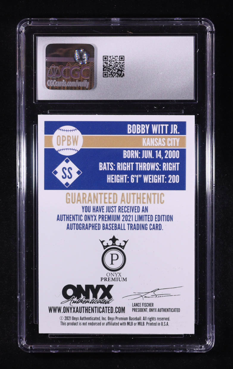 Bobby Witt Jr. 2021 Onyx Premium Autographs Silver Foil #OPBW RC (CGC 7.5 | Autograph Graded 10) at PristineAuction.com Bobby Witt Jr. 2021 Onyx Premium Autographs Silver Foil #OPBW RC (CGC 7.5 | Autograph Graded 10) at PristineAuction.com