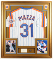 Mike Piazza Signed Custom Framed Cut Display with Jersey with Piazza Pin & Stat Plaque (JSA) at PristineAuction.com
