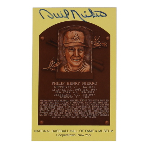 Phil Niekro Signed Hall of Fame Plaque Postcard (JSA) at PristineAuction.com Phil Niekro Signed Hall of Fame Plaque Postcard (JSA) at PristineAuction.com