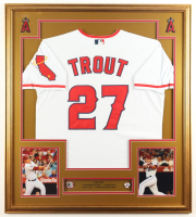 Mike Trout Custom Framed Jersey Display with (2) Pins & Stat Plaque at PristineAuction.com