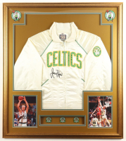 Larry Bird Signed Custom Framed Warm Up Top Display with (3) Pins (PSA) at PristineAuction.com