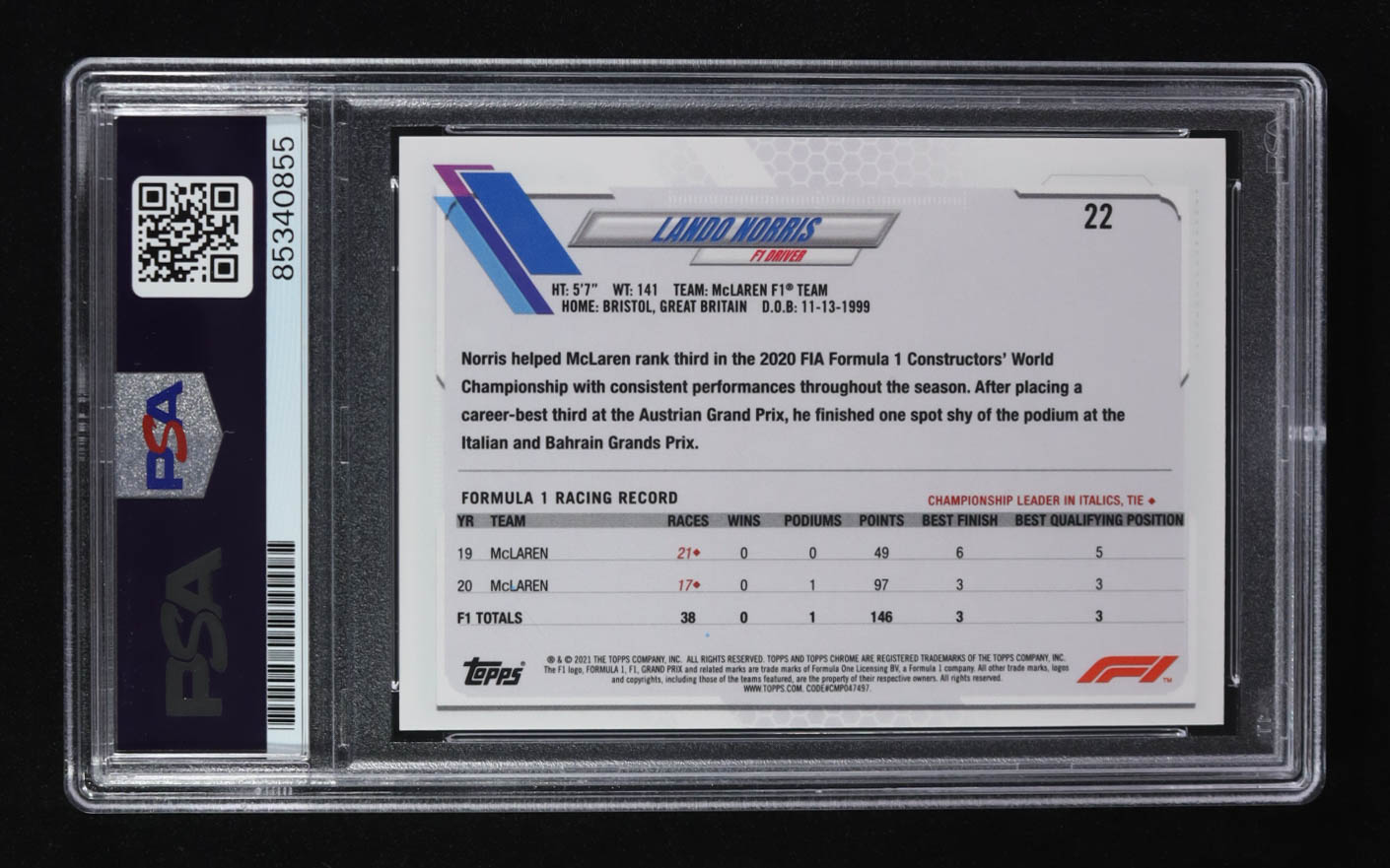 Lando Norris Signed 2021 Topps Chrome Mclaren F1 Team #22 (PSA) at PristineAuction.com Lando Norris Signed 2021 Topps Chrome Mclaren F1 Team #22 (PSA) at PristineAuction.com