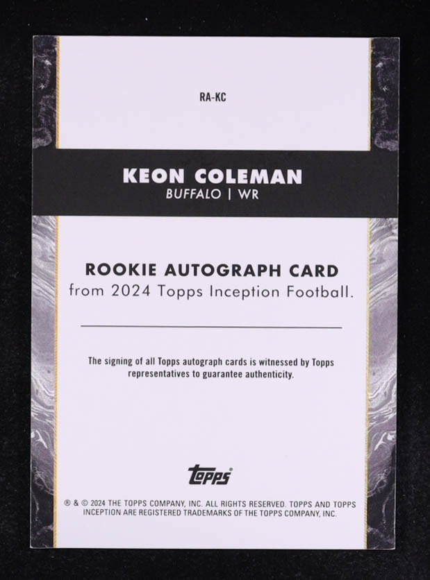 Keon Coleman 2024 Topps Inception Autograph #RA-KC RC #124/125 at PristineAuction.com Keon Coleman 2024 Topps Inception Autograph #RA-KC RC #124/125 at PristineAuction.com