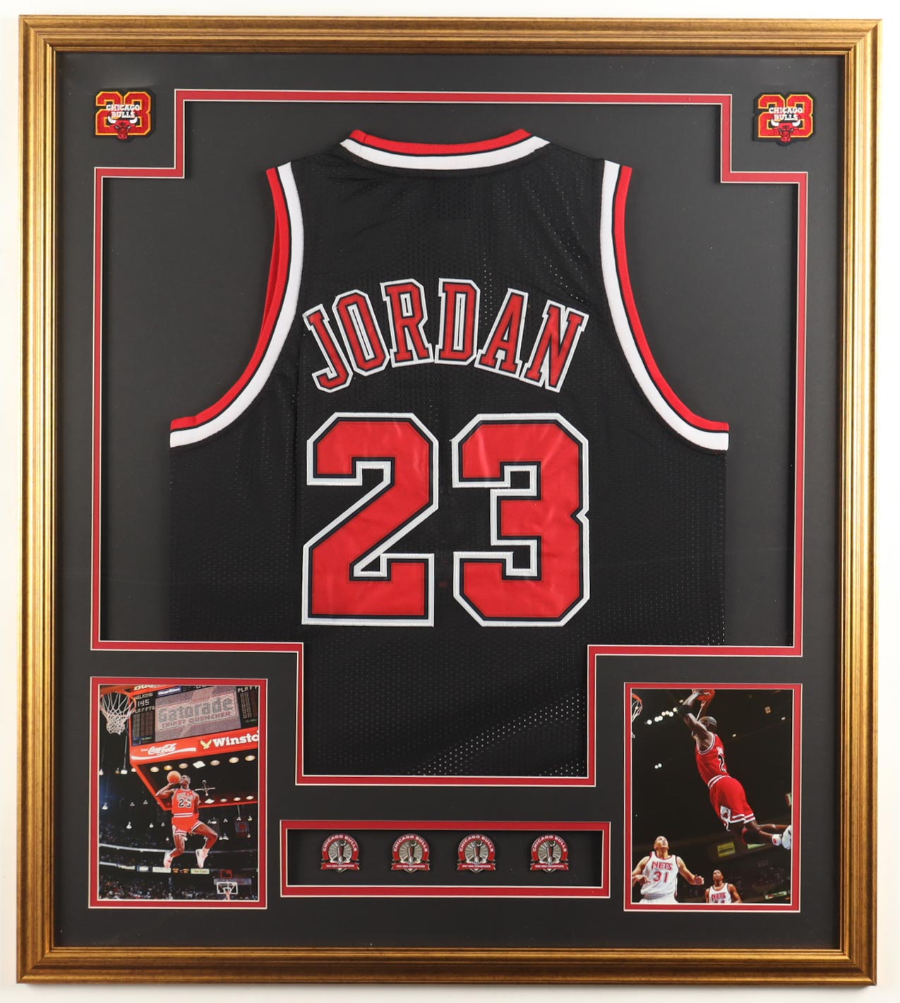 Michael Jordan Custom Framed Jersey Display With (4) Championship Pins at PristineAuction.com Michael Jordan Custom Framed Jersey Display With (4) Championship Pins at PristineAuction.com