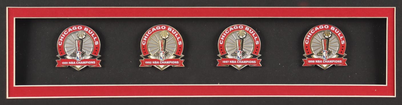 Michael Jordan Custom Framed Jersey Display With (4) Championship Pins at PristineAuction.com Michael Jordan Custom Framed Jersey Display With (4) Championship Pins at PristineAuction.com