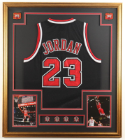 Michael Jordan Custom Framed Jersey Display With (4) Championship Pins at PristineAuction.com