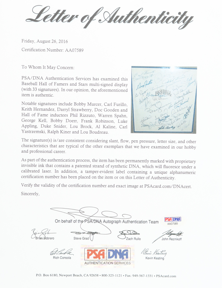 "Baseball Hall of Famers & Stars" Custom Framed Photo Display Signed By (33) With Carl Yastrzemski, Tommy John, Duke Snider, Lou Brock (PSA) at PristineAuction.com "Baseball Hall of Famers & Stars" Custom Framed Photo Display Signed By (33) With Carl Yastrzemski, Tommy John, Duke Snider, Lou Brock (PSA) at PristineAuction.com
