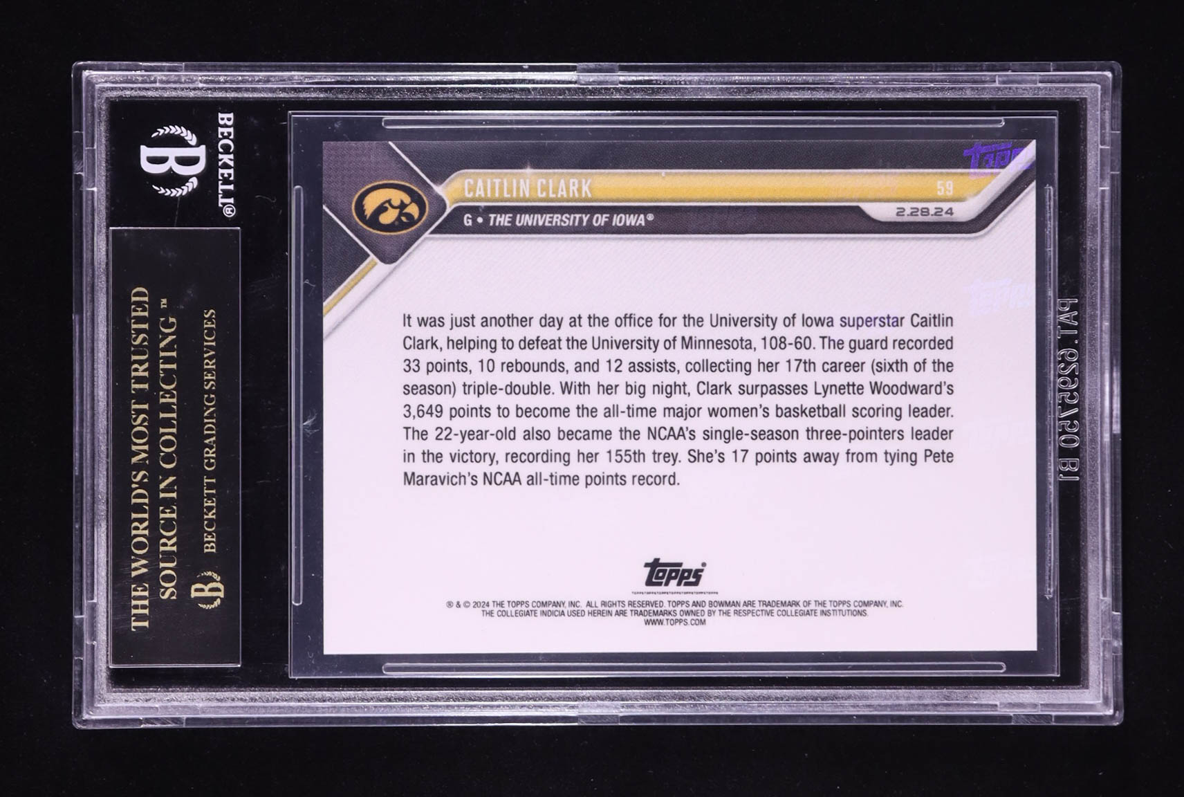 Caitlin Clark 2023-24 Topps Bowman University Now #59 RC (BGS 10 | Pristine Black Label) at PristineAuction.com Caitlin Clark 2023-24 Topps Bowman University Now #59 RC (BGS 10 | Pristine Black Label) at PristineAuction.com