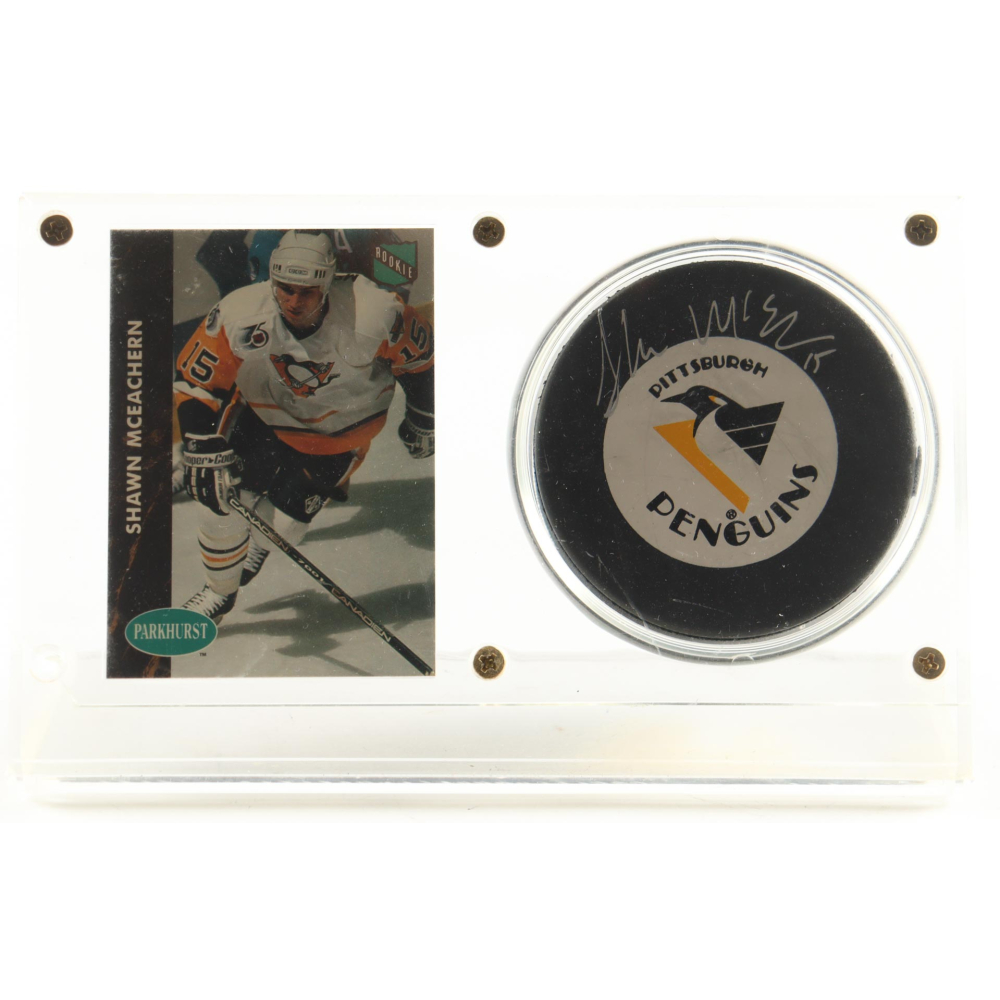 Shawn McEachern Signed Penguins Logo Hockey Puck Display With 1991-92 Parkhurst #355 RC (Beckett) at PristineAuction.com