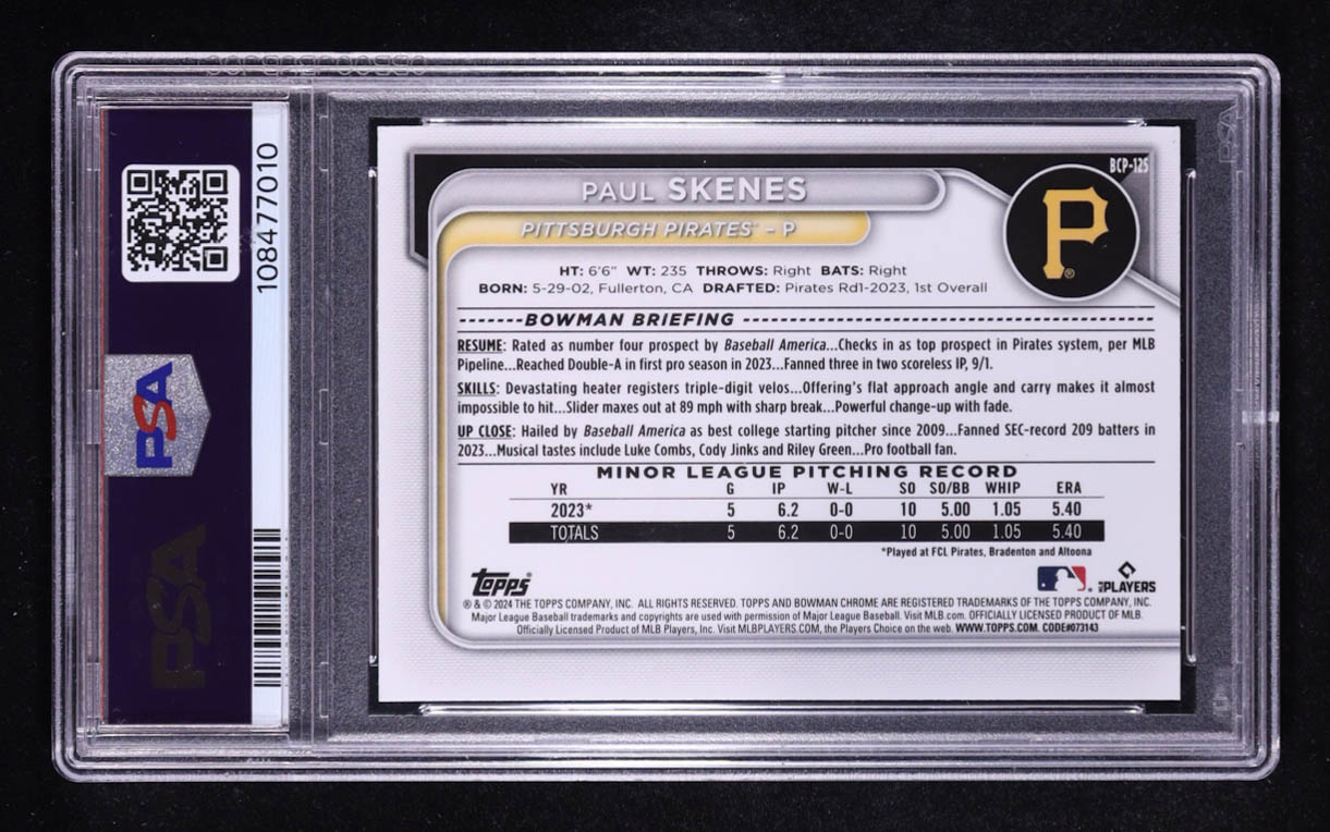 Paul Skenes 2024 Topps Bowman Chrome Prospects #BCP-125 RC (PSA 9) at PristineAuction.com Paul Skenes 2024 Topps Bowman Chrome Prospects #BCP-125 RC (PSA 9) at PristineAuction.com