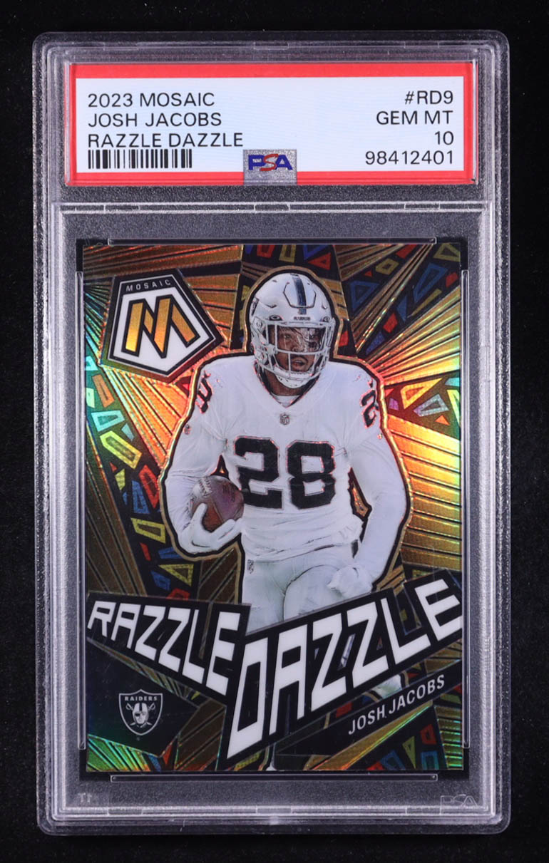 Josh Jacobs 2023 Panini Mosaic Razzle Dazzle Prizm #RD-9 (PSA 10) at PristineAuction.com Josh Jacobs 2023 Panini Mosaic Razzle Dazzle Prizm #RD-9 (PSA 10) at PristineAuction.com