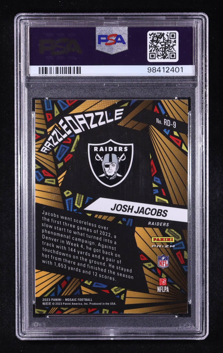 Josh Jacobs 2023 Panini Mosaic Razzle Dazzle Prizm #RD-9 (PSA 10) at PristineAuction.com Josh Jacobs 2023 Panini Mosaic Razzle Dazzle Prizm #RD-9 (PSA 10) at PristineAuction.com