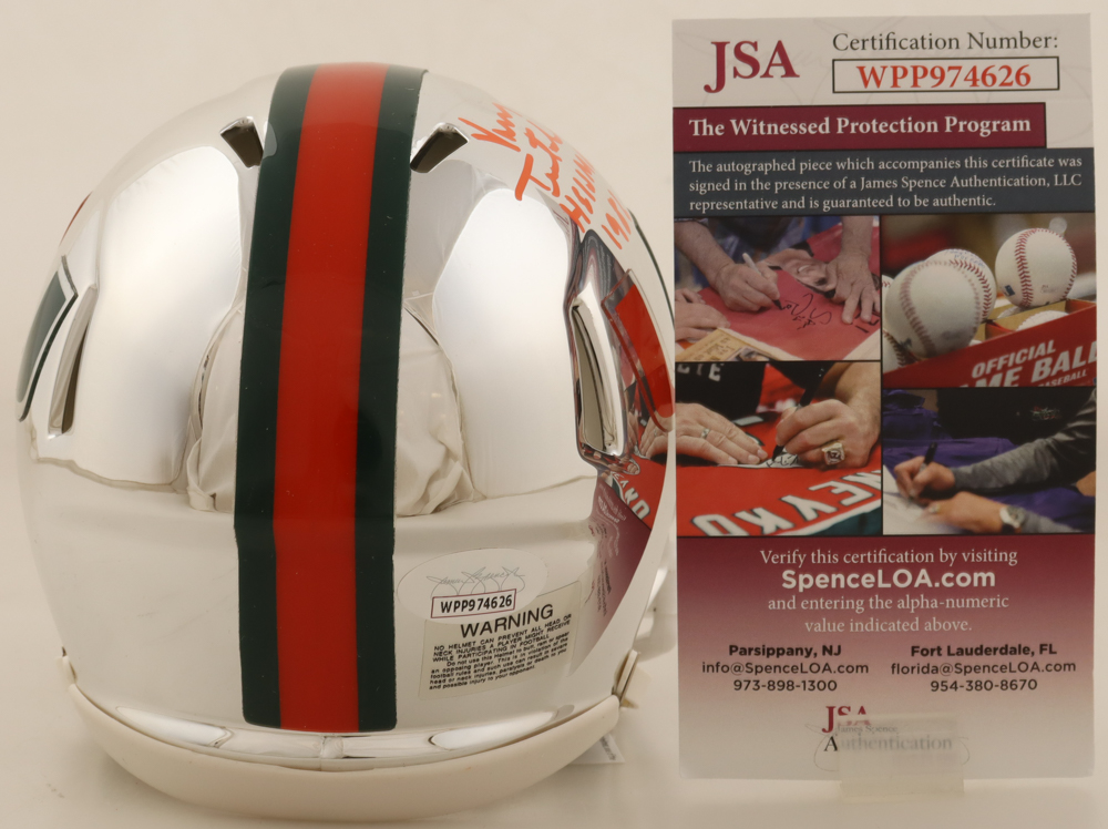 Vinny Testaverde Signed Miami Hurricanes Chrome Speed Mini Helmet Inscribed "Heisman 1986" (JSA) at PristineAuction.com Vinny Testaverde Signed Miami Hurricanes Chrome Speed Mini Helmet Inscribed "Heisman 1986" (JSA) at PristineAuction.com