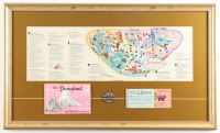1962 Disneyland Custom Framed Vintage On-Site Park Map with Vintage Ticket Book, Photo Portfolio & Castle Pin at PristineAuction.com