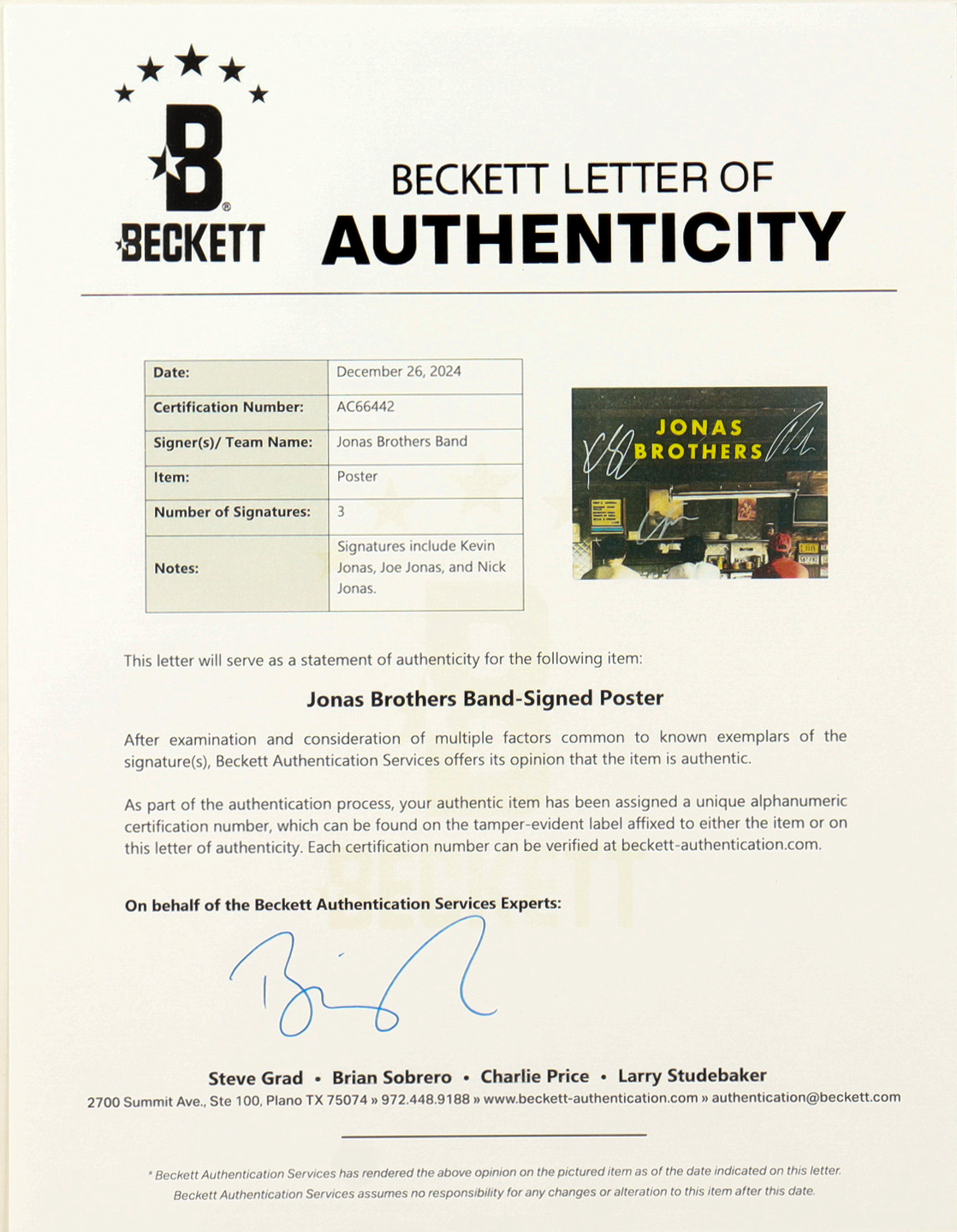 Jonas Brothers 11x17 Poster Signed by Joe, Kevin & Nick Jonas (Beckett) at PristineAuction.com Jonas Brothers 11x17 Poster Signed by Joe, Kevin & Nick Jonas (Beckett) at PristineAuction.com