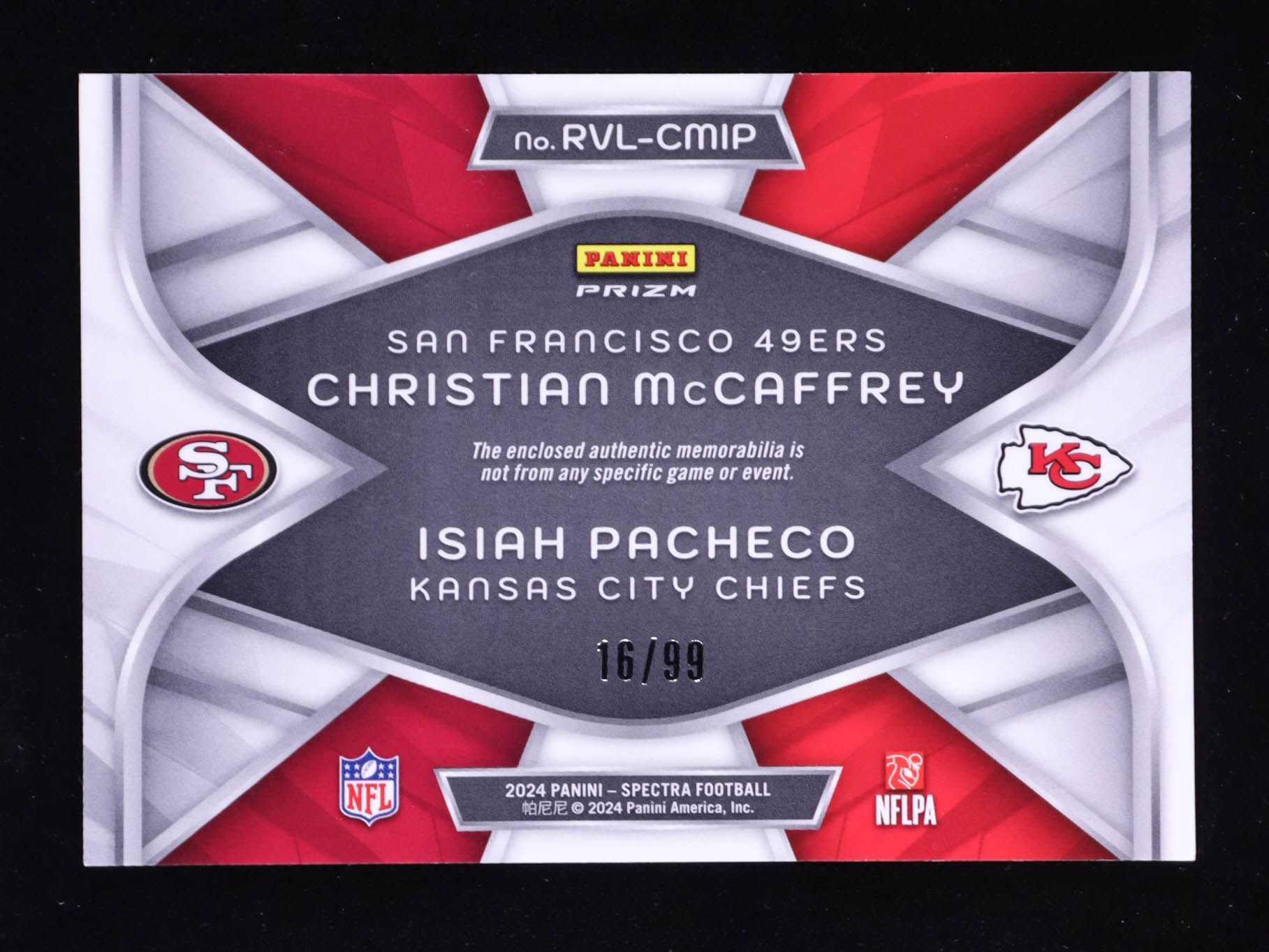 Christian McCaffrey / Isiah Pacheco 2024 Panini Spectra Rivals Materials #15 #16/99 at PristineAuction.com Christian McCaffrey / Isiah Pacheco 2024 Panini Spectra Rivals Materials #15 #16/99 at PristineAuction.com