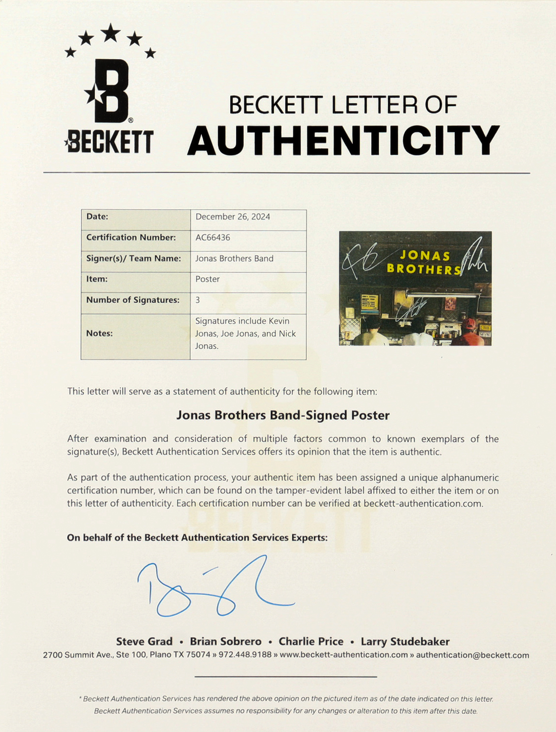 Jonas Brothers 11x17 Poster Signed by Joe, Kevin & Nick Jonas (Beckett) at PristineAuction.com Jonas Brothers 11x17 Poster Signed by Joe, Kevin & Nick Jonas (Beckett) at PristineAuction.com