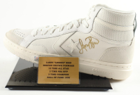 Larry Bird Signed Converse All-Star White Leather Basketball Shoe With Stat Plaque Display Stand (PSA) at PristineAuction.com
