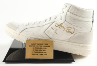 Larry Bird Signed Converse All-Star White Leather Basketball Shoe With Stat Plaque Display Stand (PSA) at PristineAuction.com