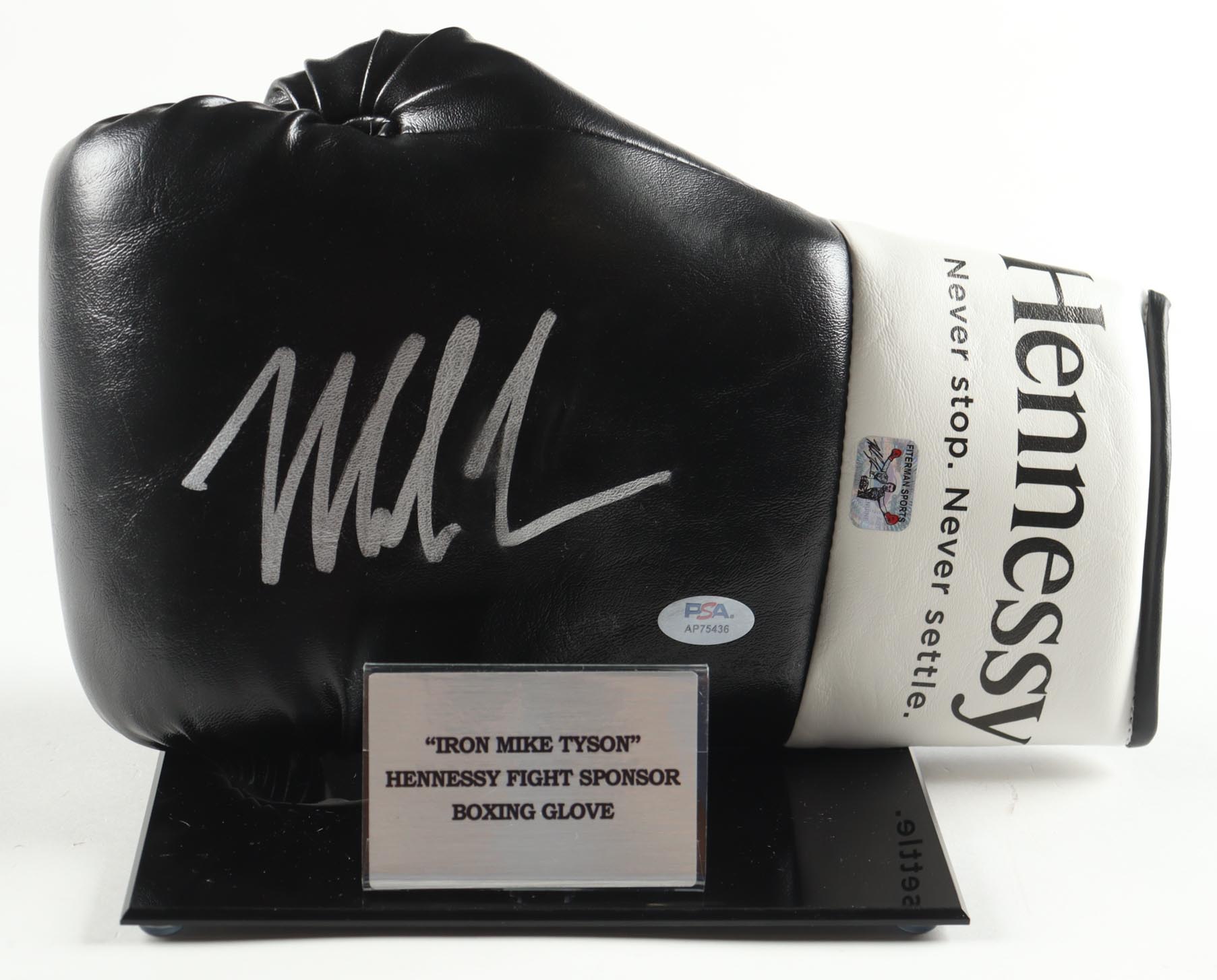 Mike Tyson Signed Hennessy Sponsor Boxing Glove With Title Plaque Display Stand (PSA & Tyson) at PristineAuction.com Mike Tyson Signed Hennessy Sponsor Boxing Glove With Title Plaque Display Stand (PSA & Tyson) at PristineAuction.com