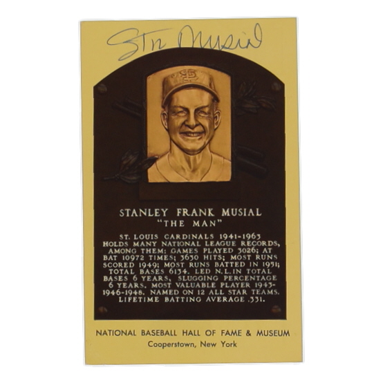 Stan Musial Signed Hall of Fame Plaque Postcard (JSA) at PristineAuction.com Stan Musial Signed Hall of Fame Plaque Postcard (JSA) at PristineAuction.com