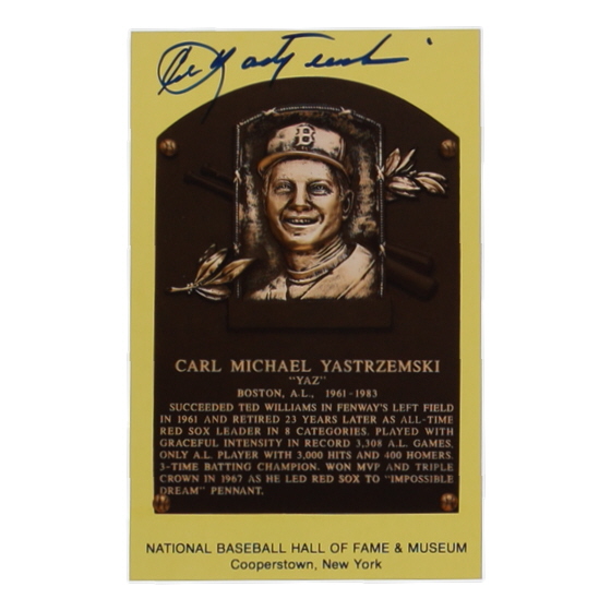 Carl Yastrzemski Signed Hall of Fame Plaque Postcard (JSA) at PristineAuction.com Carl Yastrzemski Signed Hall of Fame Plaque Postcard (JSA) at PristineAuction.com