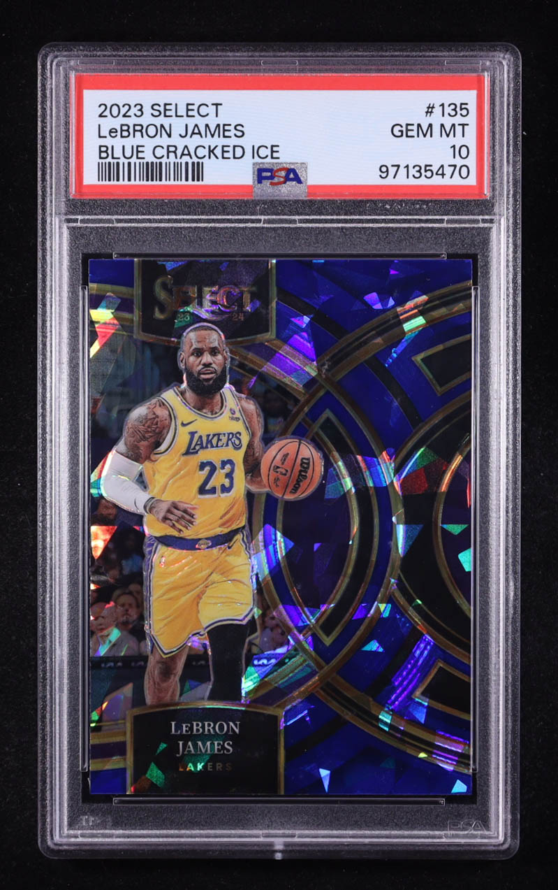 LeBron James 2023-24 Select Prizms Blue Cracked Ice #135 (PSA 10) at PristineAuction.com LeBron James 2023-24 Select Prizms Blue Cracked Ice #135 (PSA 10) at PristineAuction.com