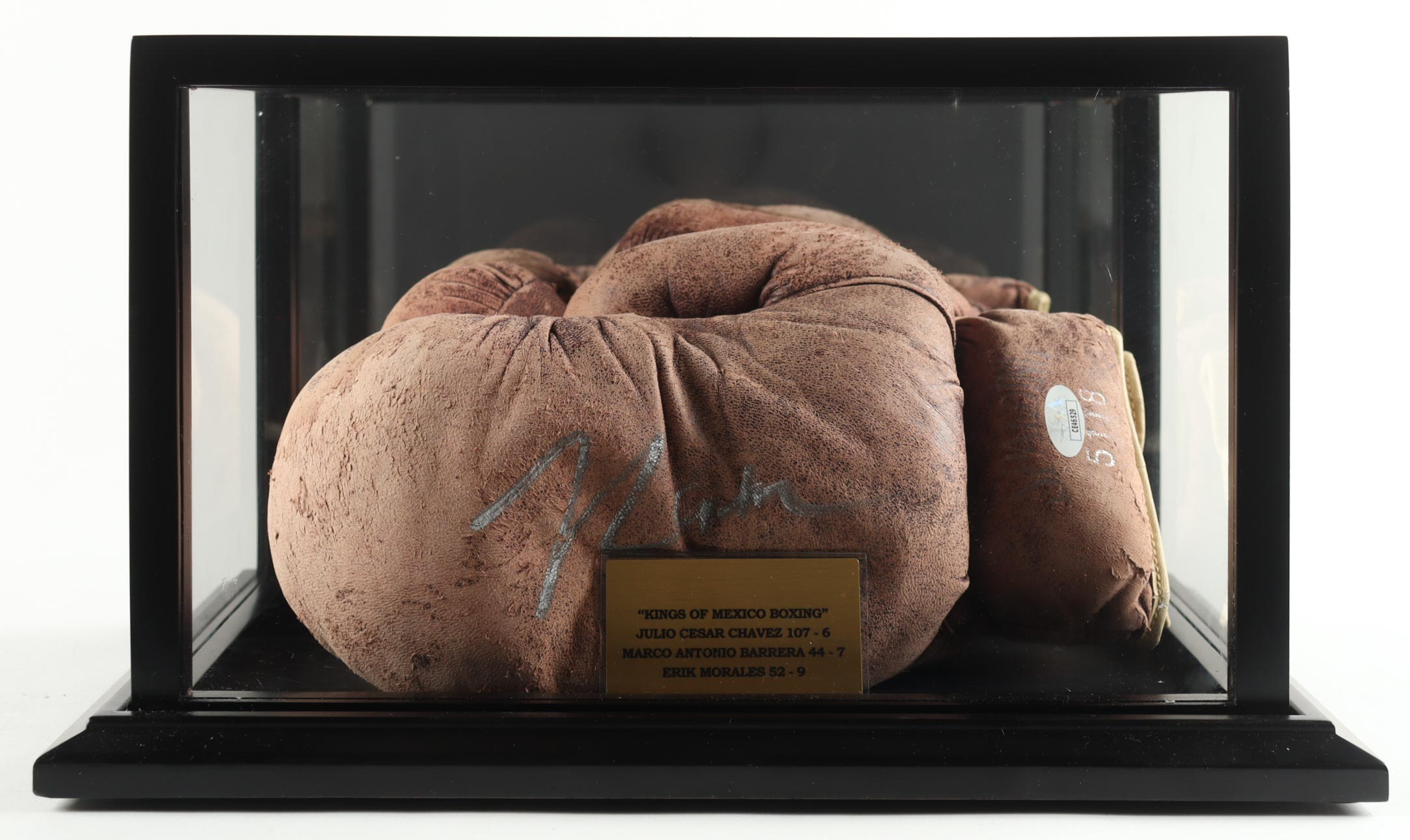 Mexican Boxing Kings Set of (2) Vintage Spalding Boxing Gloves Signed By (3) With Julio Cesar Chavez, Marco Antonio Barrera, Erik Morales in Title Plaque Display Case (JSA) at PristineAuction.com Mexican Boxing Kings Set of (2) Vintage Spalding Boxing Gloves Signed By (3) With Julio Cesar Chavez, Marco Antonio Barrera, Erik Morales in Title Plaque Display Case (JSA) at PristineAuction.com