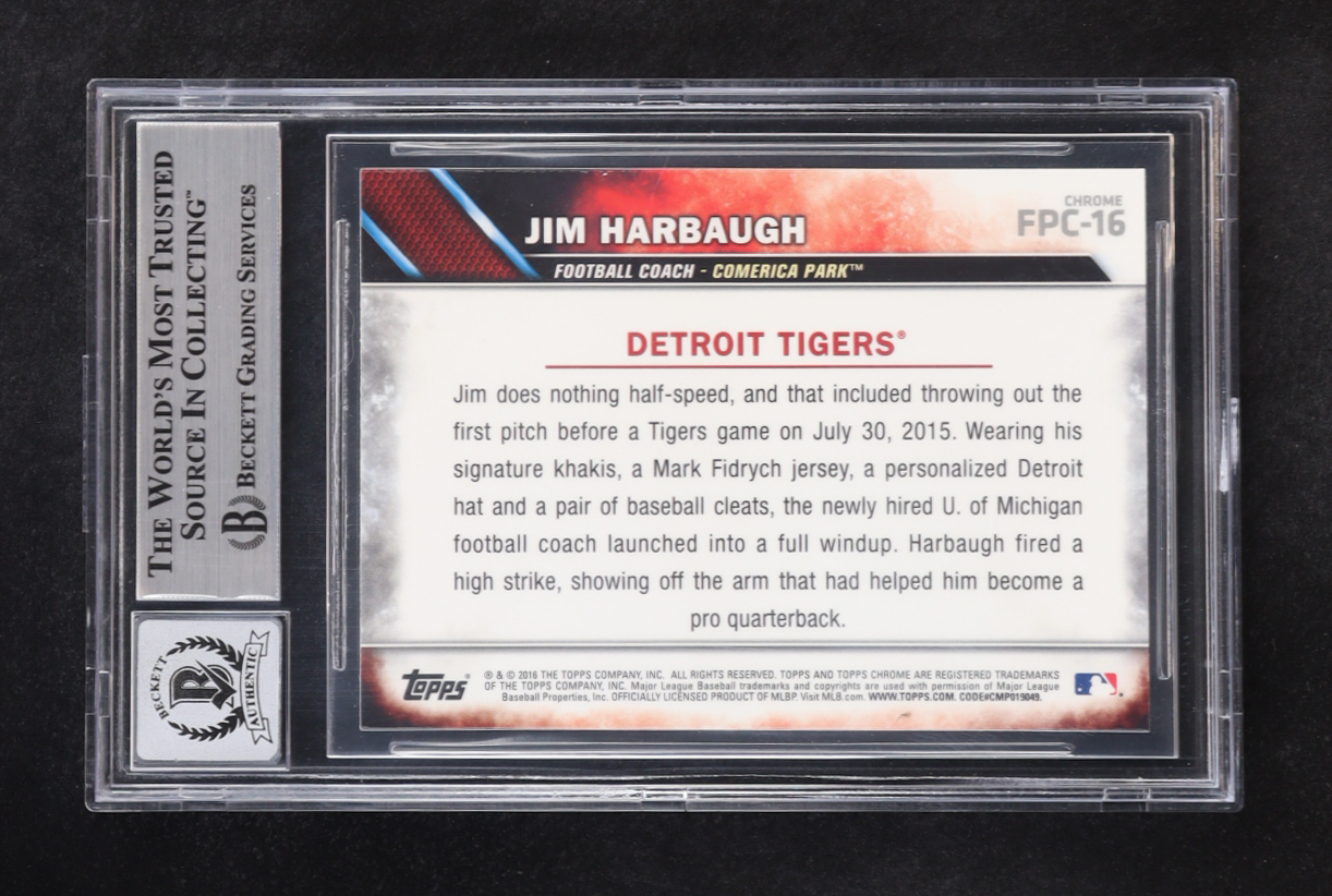 Jim Harbaugh Signed 2016 Topps Chrome First Pitch Autograph #FPC-16 (BGS | Autograph Graded BGS 10) at PristineAuction.com Jim Harbaugh Signed 2016 Topps Chrome First Pitch Autograph #FPC-16 (BGS | Autograph Graded BGS 10) at PristineAuction.com