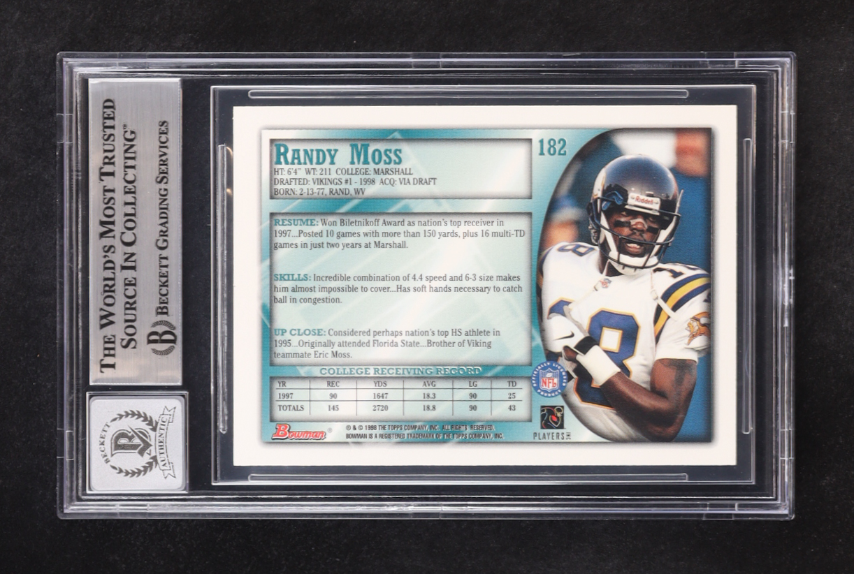 Randy Moss Signed 1998 Bowman #182 RC (BGS | Autograph Graded BGS 10) at PristineAuction.com Randy Moss Signed 1998 Bowman #182 RC (BGS | Autograph Graded BGS 10) at PristineAuction.com