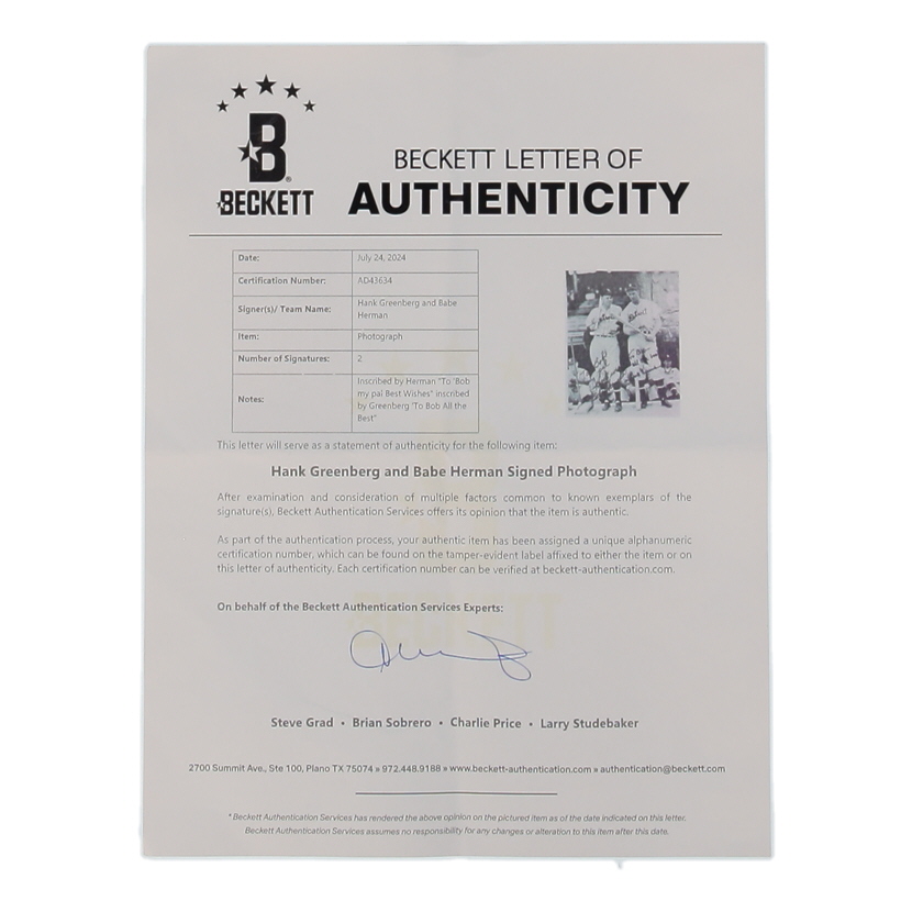Babe Herman & Hank Greenberg Signed Tigers 8x10 Photo Inscribed "Best Wishes" & "All The Best" (Beckett) at PristineAuction.com Babe Herman & Hank Greenberg Signed Tigers 8x10 Photo Inscribed "Best Wishes" & "All The Best" (Beckett) at PristineAuction.com