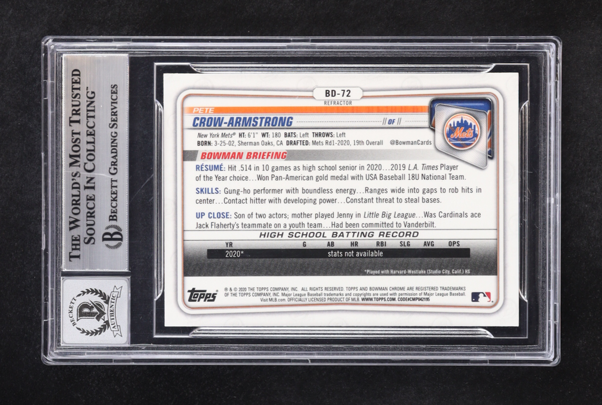 Pete Crow-Armstrong Signed 2020 Bowman Chrome Draft Refractors #BD72 RC (BGS | Autograph Graded BGS 10) at PristineAuction.com Pete Crow-Armstrong Signed 2020 Bowman Chrome Draft Refractors #BD72 RC (BGS | Autograph Graded BGS 10) at PristineAuction.com