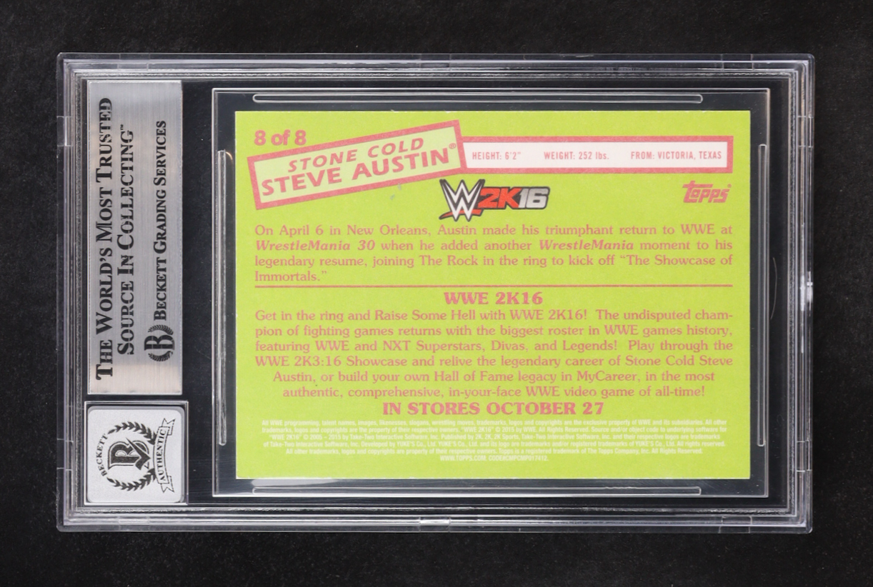Steve Austin Signed 2015 Topps Heritage WWE 2K16 #8 (BGS | Autograph Graded BGS 10) at PristineAuction.com Steve Austin Signed 2015 Topps Heritage WWE 2K16 #8 (BGS | Autograph Graded BGS 10) at PristineAuction.com