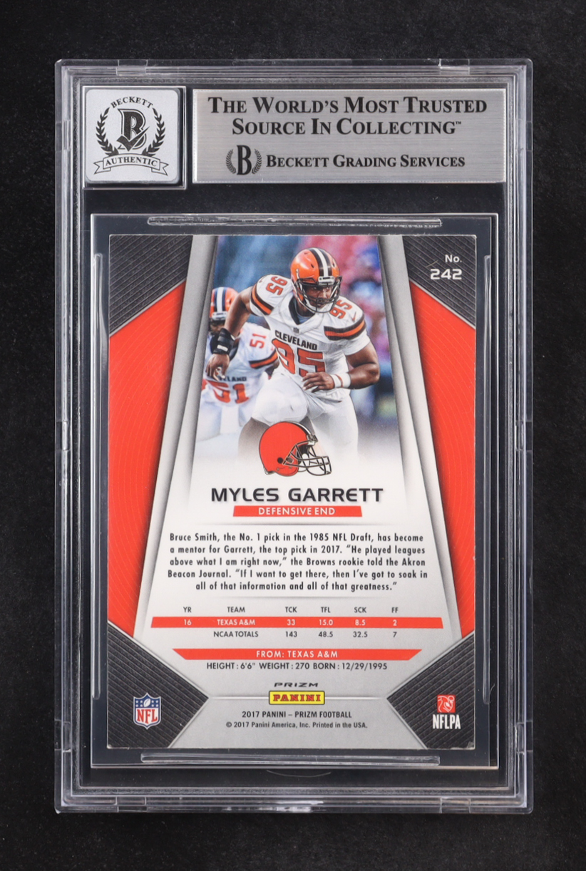 Myles Garrett Signed 2017 Inscribed "95" Panini Prizm #242 RC (BGS | Autograph Graded BGS 10) at PristineAuction.com Myles Garrett Signed 2017 Inscribed "95" Panini Prizm #242 RC (BGS | Autograph Graded BGS 10) at PristineAuction.com