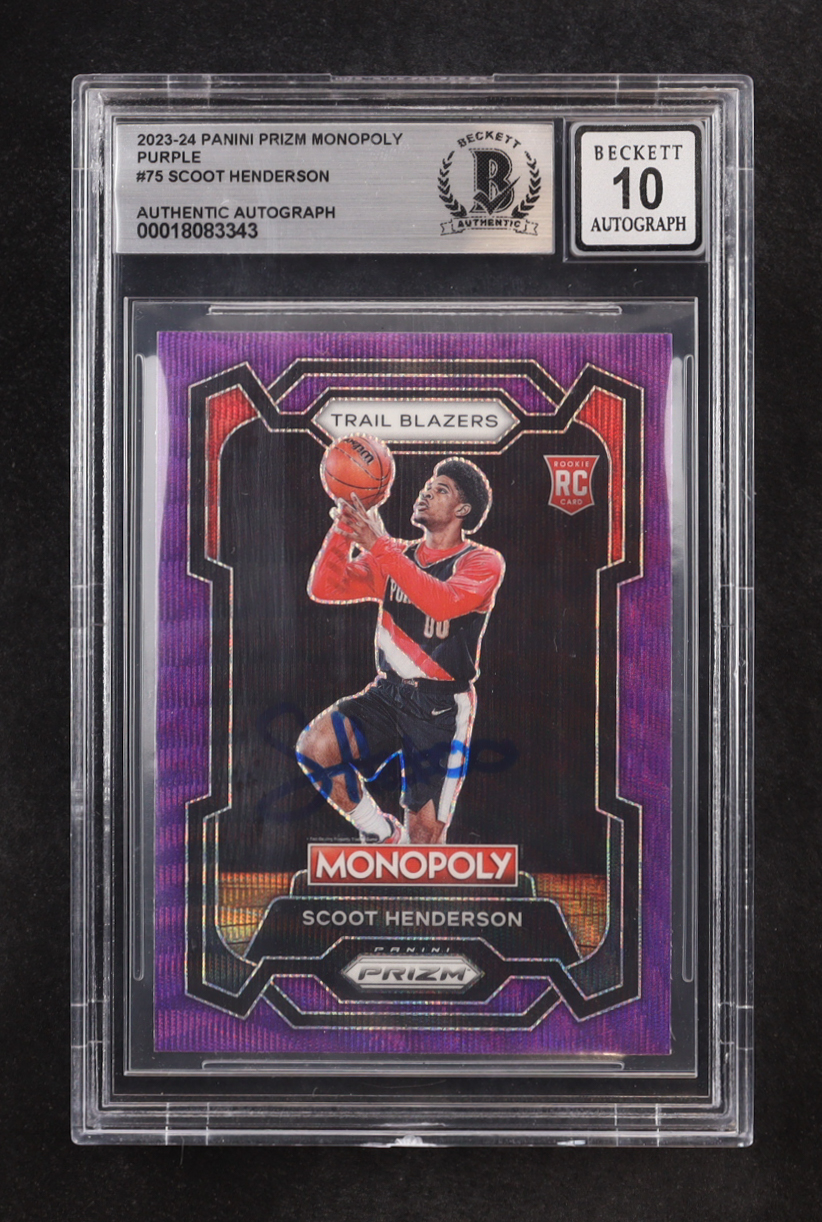 Scoot Henderson Signed 2023-24 Panini Prizm Monopoly Purple #75 RC (BGS | Autograph Graded BGS 10) at PristineAuction.com Scoot Henderson Signed 2023-24 Panini Prizm Monopoly Purple #75 RC (BGS | Autograph Graded BGS 10) at PristineAuction.com