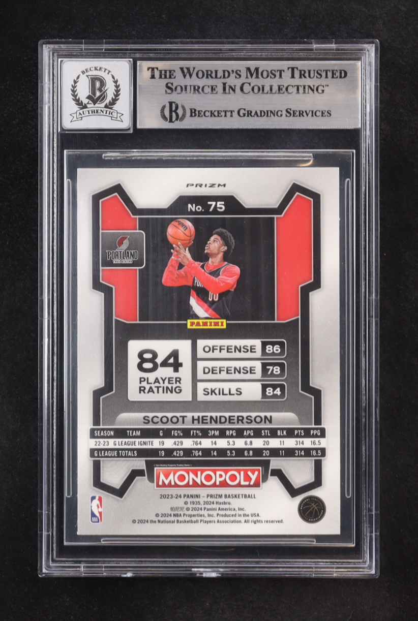 Scoot Henderson Signed 2023-24 Panini Prizm Monopoly Purple #75 RC (BGS | Autograph Graded BGS 10) at PristineAuction.com Scoot Henderson Signed 2023-24 Panini Prizm Monopoly Purple #75 RC (BGS | Autograph Graded BGS 10) at PristineAuction.com