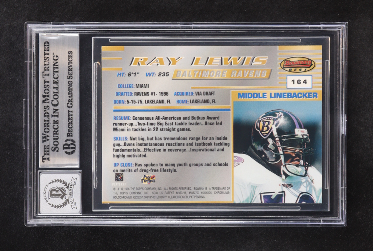 Ray Lewis Signed 1996 Bowman's Best #164 RC (BGS | Autograph Graded BGS 10) at PristineAuction.com Ray Lewis Signed 1996 Bowman's Best #164 RC (BGS | Autograph Graded BGS 10) at PristineAuction.com